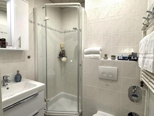 a bathroom with a shower and a sink at Ferienpark-Heiligenhafen-Haus-H-Wohnung-03-07 in Heiligenhafen