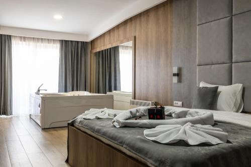 a bedroom with a large bed and a large mirror at Kompleks Milosevic in Bijeljina