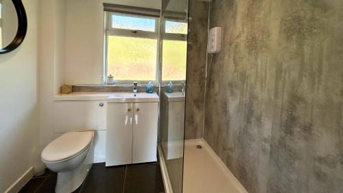 een badkamer met een toilet, een wastafel en een douche bij Skye in Oban