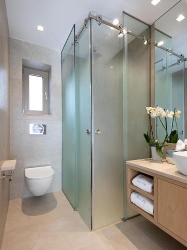 a bathroom with a glass shower stall and a toilet at Foneas Bay Villa in Proástion