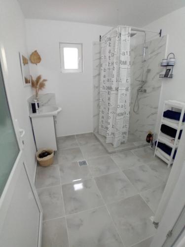 a bathroom with a shower and a tiled floor at Căsuța Piatra Craiului in Zărneşti