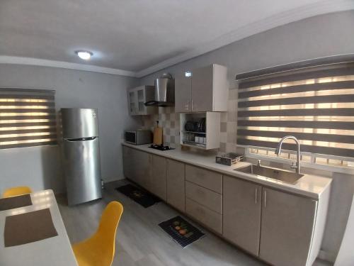 La cuisine est équipée d'un évier et d'un réfrigérateur. dans l'établissement D little luxuries Apartment, à Ibadan