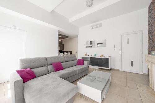 - un salon avec un canapé gris et des oreillers roses dans l'établissement Centre Ville -Cosy 2 pièces-Clim-AF, à Carcassonne