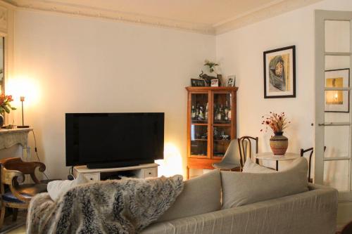 a living room with a couch and a flat screen tv at Cozy and quiet apartment in the 15th in Paris