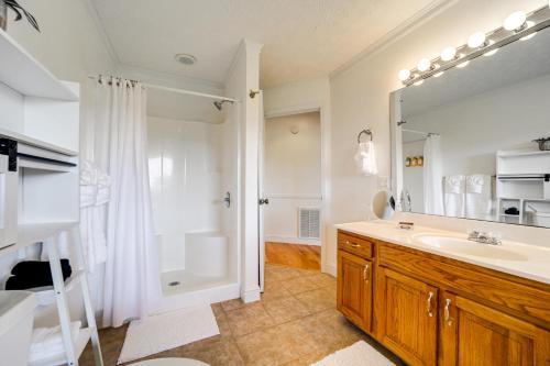 a bathroom with a sink and a shower and a mirror at Panoramic Mtn Views Spacious Tennessee Home! in Newport