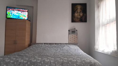 Bromley Cosy في بروملي: غرفة نوم مع سرير وتلفزيون على الحائط