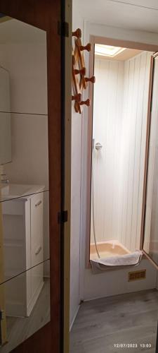 une salle de bain avec une douche, un lavabo et un miroir dans l'établissement Havre de paix pour 2 à 4 pers., au Castellet