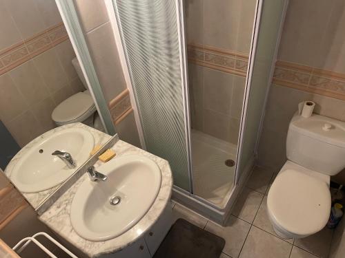 a bathroom with a sink and a shower and a toilet at Appartement a Cornebarrieu in Cornebarrieu