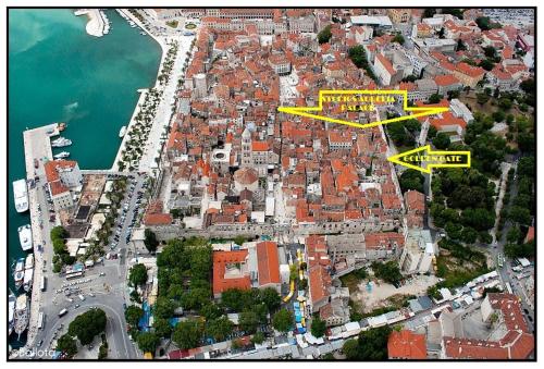 an overhead view of a city with a yellow sign at Studios Aurelia Palace in Split