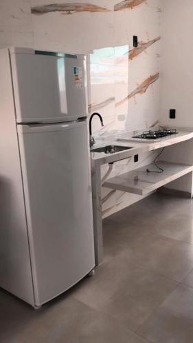 - un réfrigérateur blanc dans la cuisine avec un comptoir dans l'établissement Lofts Paraíso, à Luís Eduardo Magalhães