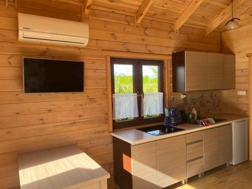 a kitchen with a sink and a television in a cabin at Domki caloroczne Przytulisko na Mazurach in Ruciane-Nida