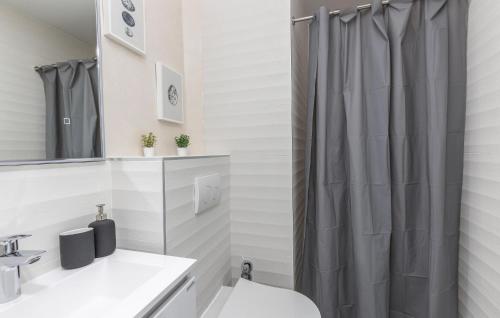 a bathroom with a sink and a shower curtain at Nice Home In Bregi With House Sea View in Breza