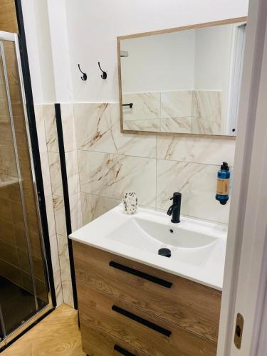 a bathroom with a sink and a shower and a mirror at El Parador del César Boutique, Aparcamiento Gratis in Mérida