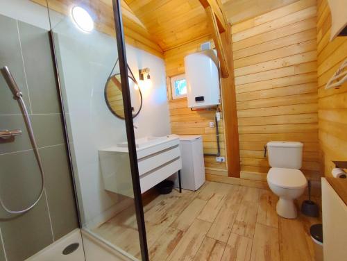 W łazience znajduje się toaleta, umywalka i prysznic. w obiekcie Le Chalet w mieście Malause