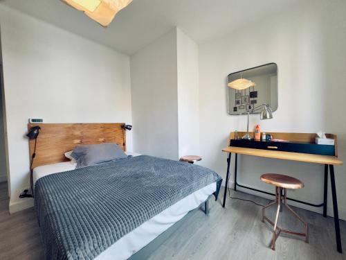 ein Schlafzimmer mit einem Bett, einem Schreibtisch und einem Spiegel in der Unterkunft L'Ajax Appartement T3 centre et Bord de mer in Ajaccio