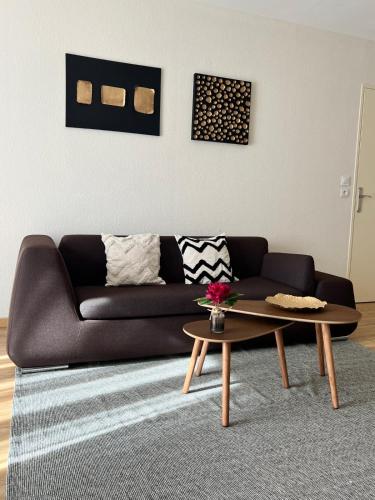un salon avec un canapé et une table basse dans l'établissement Superbe Appartement tout équipé, Coins cosy à Metz gare, 50M2, Parking privé, Balcon, 2p, à Metz