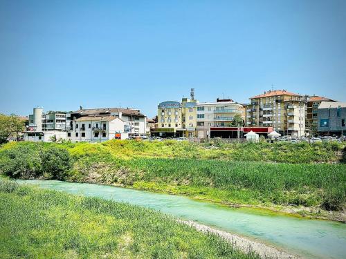 a river in a city with buildings in the background at Hotel Romagna in Cesena