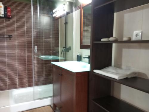 bagno con lavandino e doccia in vetro di La Casa Malvarrosa ad Ampuero