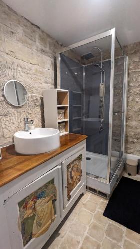 une salle de bain avec un lavabo et une douche dans l'établissement Maison atypique bord de l'Yonne, à Cravant