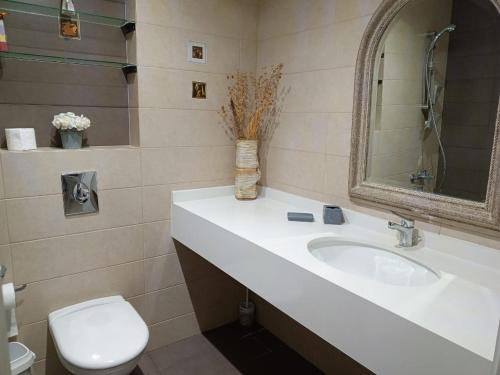 a bathroom with a sink and a toilet and a mirror at New apartment in Tilal Fanar resort pool Tennis in Beit Meri