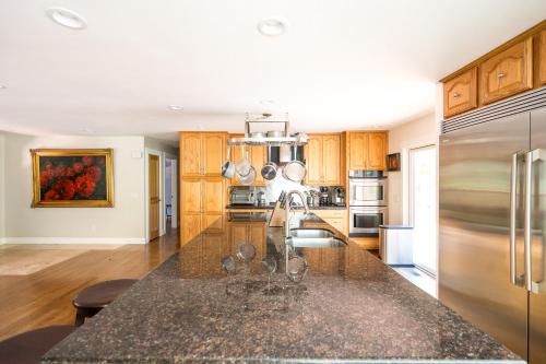 a kitchen with a granite counter top and stainless steel appliances at Serene Vineyard Chateau with Pool, Hot Tub, BBQ in Carmel Valley