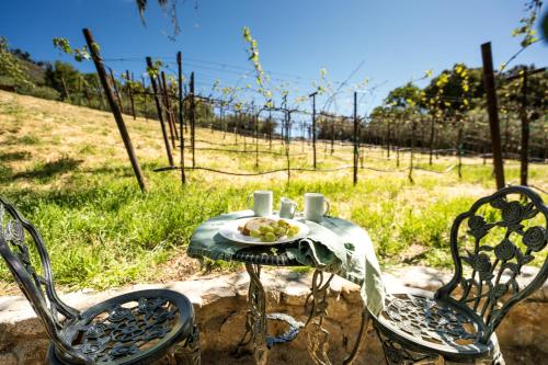 a table and chairs with a plate of food on it at Serene Vineyard Chateau with Pool, Hot Tub, BBQ in Carmel Valley