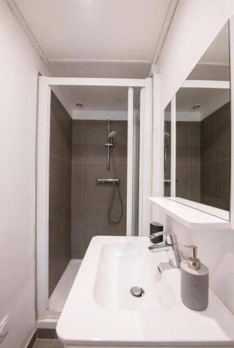 une salle de bain blanche avec un lavabo et une douche dans l'établissement Studio Face à L’Île Barbe, à Caluire-et-Cuire