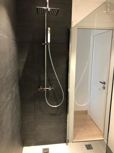 une douche avec une porte vitrée dans une salle de bain dans l'établissement center of cannes, à Cannes