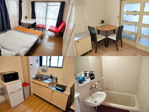 two pictures of a small room with a bed and a bathroom at avanti house姪浜 in Meinohama