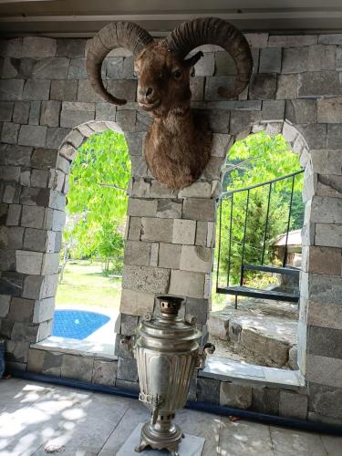 a statue of a ram hanging from a stone wall at Istisu Valley Spa in İsmayıllı