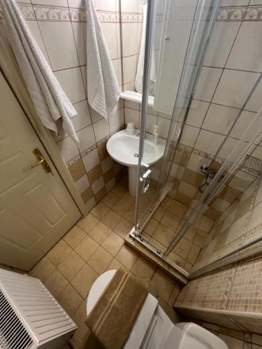 W łazience znajduje się prysznic, toaleta i umywalka. w obiekcie Filippa's Katoi w mieście Drymon
