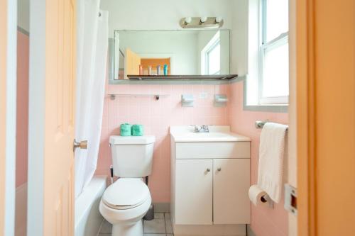 a bathroom with a toilet and a sink and a mirror at Tropical Breeze in Clearwater Beach