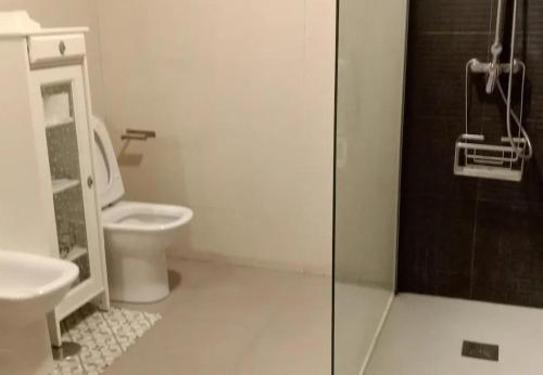 ein Badezimmer mit einem WC und einer Glasduschkabine in der Unterkunft Cap Negret Altea in Altea