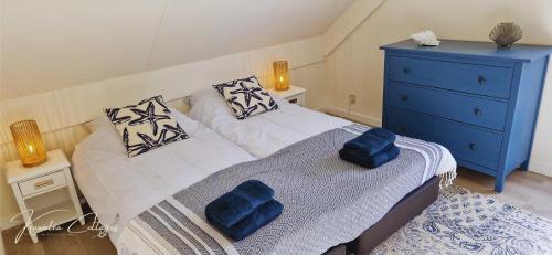 a bedroom with a bed with blue pillows and a blue dresser at Wellness cottage met hottub 'Auckland' by Kawatea in Ewijk