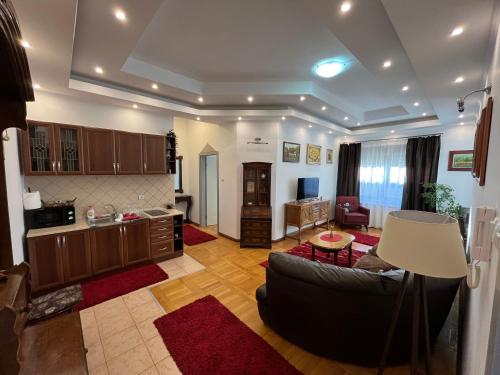 a living room with a couch and a kitchen at Airport SKY apartments LUX II in Belgrade