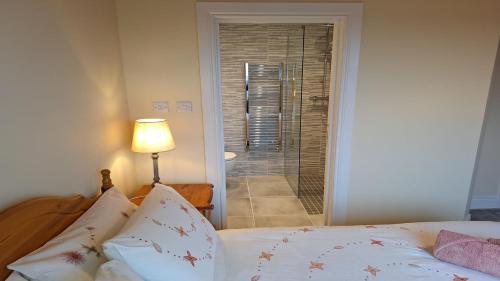 a bedroom with a bed and a glass shower at Little Tara, Ballyconneely in Ballyconneely