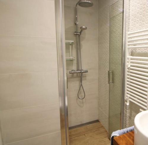 La salle de bains est pourvue d'une douche et d'une porte en verre. dans l'établissement Costa arenal, à Arenal d'en Castell