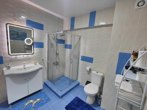 a bathroom with a shower and a sink and a toilet at Apartament Delfin - 100m de la plaja in Mamaia Nord