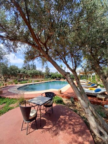 une table et des chaises sous un arbre à côté de la piscine dans l'établissement Villa Chez Marie, à Marrakech