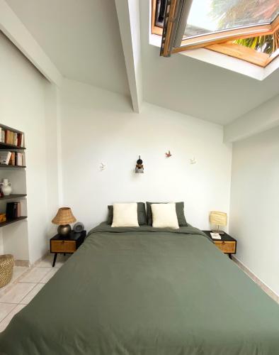 - une chambre avec un grand lit vert et une fenêtre dans l'établissement Charmant appt Endoume - proche mer et Vx Port, à Marseille