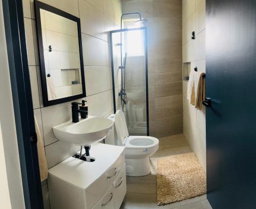 ein Badezimmer mit einem Waschbecken, einem WC und einem Spiegel in der Unterkunft Paraguana Inn in Noord