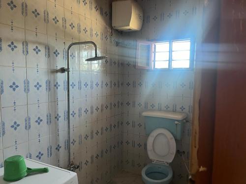 a bathroom with a blue toilet and a sink at Wonder house zanzibar in Kiembi Samaki