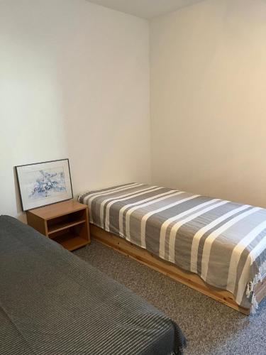 a bedroom with a bed and a nightstand next to a bed at A cosy basement apartment in Hluboká nad Vltavou