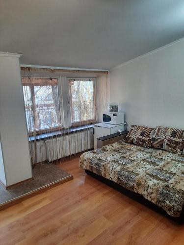 a bedroom with a bed and two windows at Мини-гостиница in Kamianets-Podilskyi