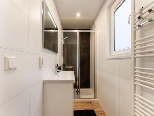 een witte badkamer met een wastafel en een douche bij De Hooischuur in Hellendoorn