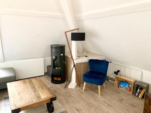 - un salon avec une chaise bleue et un poêle à bois dans l'établissement Annecy au calme, à Annecy