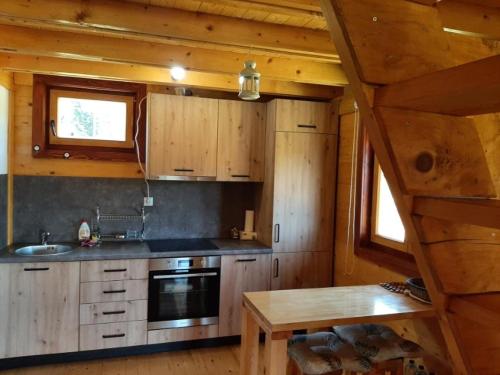 a kitchen with wooden cabinets and a table in a cabin at Braća Kosorić in Han Pijesak