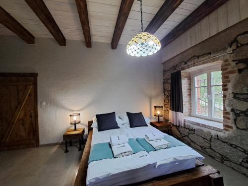 a bedroom with a large bed with blue pillows at Saneczkowa 1 in Piechowice