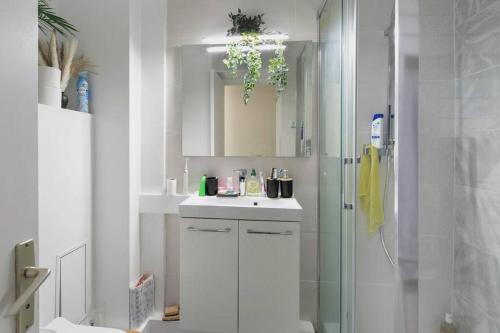 uma casa de banho branca com um lavatório e um chuveiro em Charenton View Paris Door Best Location metro em Charenton-le-Pont