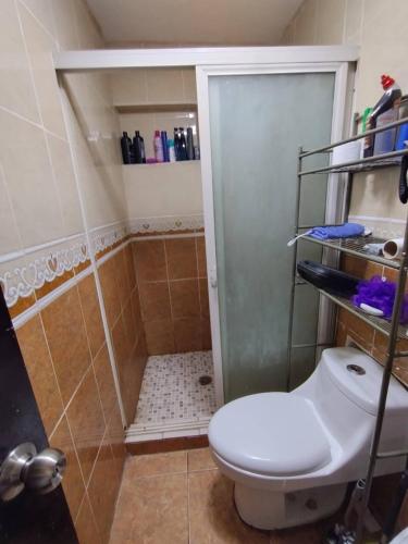 y baño pequeño con aseo y ducha. en Habitación 1, 2 Camas Individuales, en Matamoros
